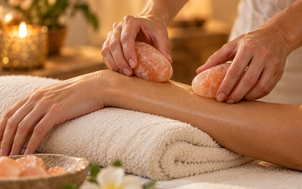 Illustrative image of a therapist applying warm pink Himalayan salt stones during a forearm massage