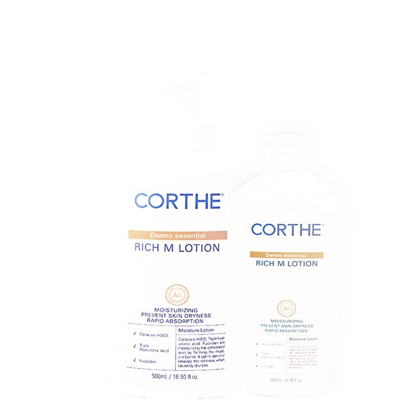 CORTHE Dermo Essential Rich M Lotion moisturizing skincare is used in professional facial services in Kennesaw, GA, to prevent dryness.