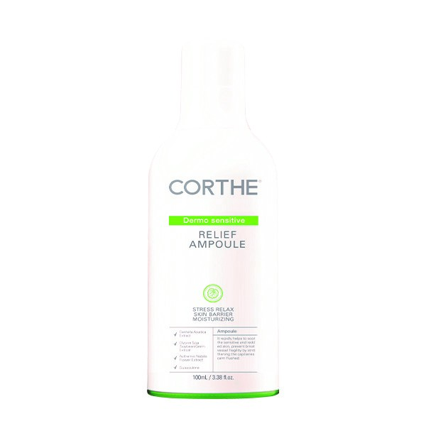 CORTHE Dermo Sensitive Relief Ampoule in a white bottle with green accents on a white background.